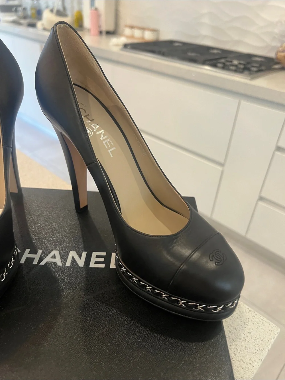 CHANEL Black Leather Cap-Toe Chain Platform Pumps
